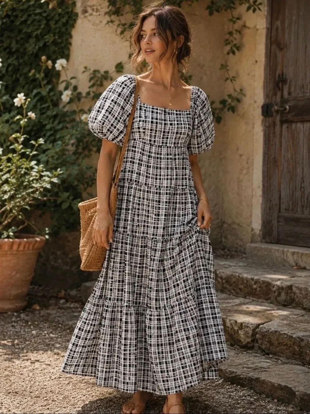 Faithfull the Brand Kiona Black White Check Plaid Puff Sleeve Tier Midi Dress S